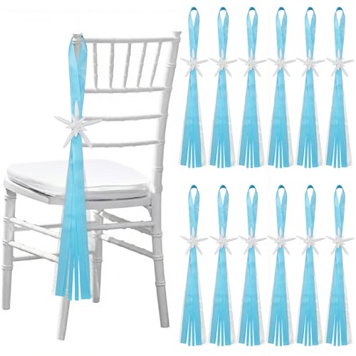 Fiwochic 12pcs Beach Wedding Decor Blue and White Wedding Chair Decor Starfish Ribbon Coastal Church Chair Aisle for Car Decoration for Bridal Shower Reception Birthday Anniversary