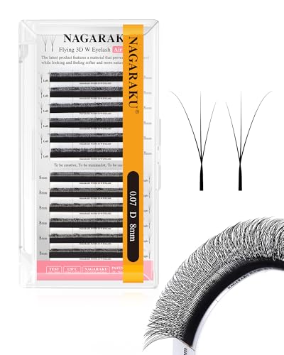 NAGARAKU Flying 3D W Ciglia Finte A Ventaglio Automatico Prefabbricate Tessitura Naturale Volume Russo Risparmio Di Tempo Effetto Eyeliner Denso E Soffice Base Inclinata Nero Opaco (0.07mm D 8mm)