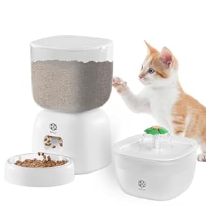 Automatic Cat Feeder and Cat Water Fountain Set with Pet Food Bowl, Wired or Battery Operated, Smart Portion Control Timer, Locking Lid, Voice Recorder, White