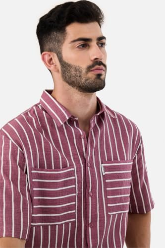 Image of SNITCH Men Casual Plus Size Shirt | Regular Fit Full Sleeve Mandarin Collar Striped Design | Premium Cotton Linen Blend & Breathable Fabric for Office & Everyday Wear