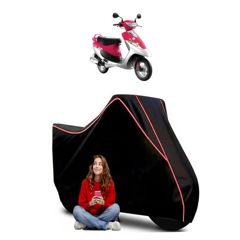Image of Pep Plus Princess Pink Scooty Bike Cover Water Resistant Outdoor Use Universal Fit Scooters Motorcycles Heavy Duty UV Protection Dust Rain Scratch Resistant Elastic Bottom Black Blue Piping