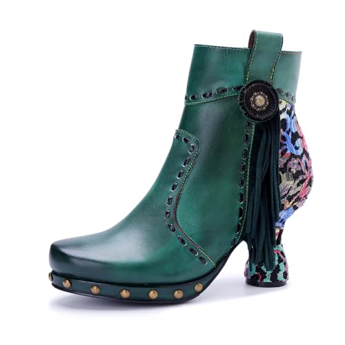 SOCOFY - Stivaletti da donna con tacco a gattino, realizzati a mano, in pelle, con motivo floreale, alla moda, comodi, con cerniera laterale, antiscivolo, a punta, per feste di nozze, Blu, 37 EU
