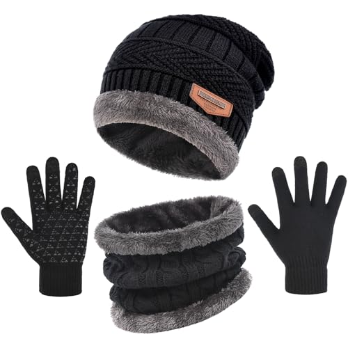 29 IYEBRAO 3-Pieces Winter Beanie Hat Gloves Scaef Thick Lined Warm Knit Hat Touch Screen Gloves Neck Warmer Cold Weather Men & Women (Black one size)