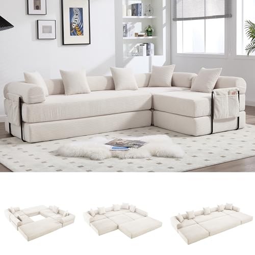 L-Shape Modular Sectional Sofa Bed, Corduroy Boneless Couch, Beige White
