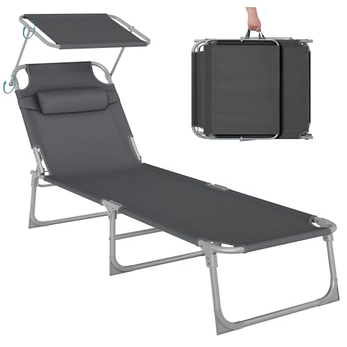Image of SONGMICS Sun Lounger, Deck Chair Folding, Sunbed, 193 x 53 x 29 cm, Max. Load 150 kg, with Sunshade Headrest Adjustable Backrest, Reclining Sun Chair for Terrace Pool Garden, Dark Grey GCB19UV1