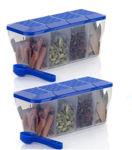 4 in 1 Multipurpose 4 Section Kitchen, Fridge Storage Airtight Container Set for Vegetables, Dryfruits, Spices, Groceries, and Pickles with 4 Spoons Storage Set 1800 ml- (Blue, Pack of 2) Serviz 2