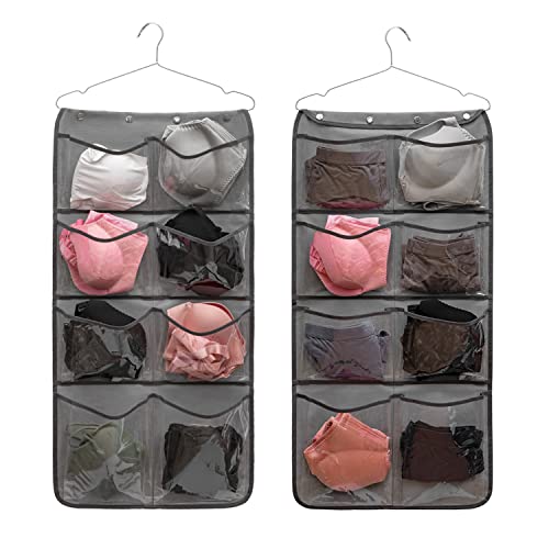 ANIZER Dual Sided Hanging Closet Organizer Durable Socks Stocking Clothes Bra Accessories Storage Bag With 16 Large Pockets (Clear PVC Pockets)