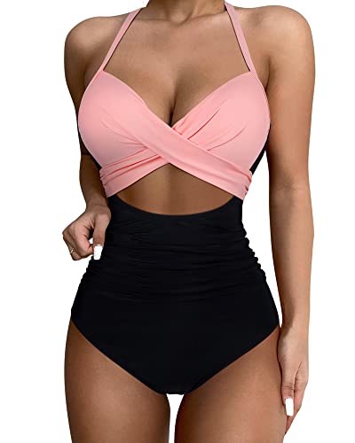 SUUKSESS Women Sexy Cutout One Piece Swimsuits Push Up High Waisted Monokini Bathing Suits (Pink Black, S)