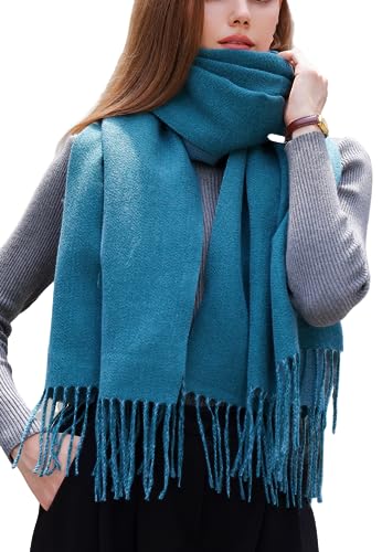 Wander Agio Womens Thick Blanket Scarf Long Shawl Large Scarves Cashmere Feel Double-side Pure Shiny Candy Color Lake Blue 29