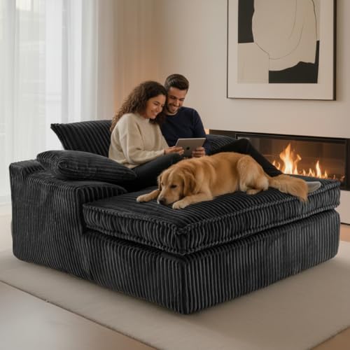 SUNPEAK Oversized 67" Chaise Lounge Chair Indoor, Corduroy Upholstered Deep Seat Sofa Couch, Cloud-Soft Boneless Lounger, Comfy Reading Chairs for Living Room & Bedroom, No Assembly Required (Black)
