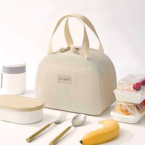 Image of SVH Insulated Lunch Bag with Thermal Lining, Reusable Leak-Resistant Lunch Tote with Front Pocket, Durable Zipper & Carry Handles for Office, School, Picnic & Travel (Corduroy Beige)
