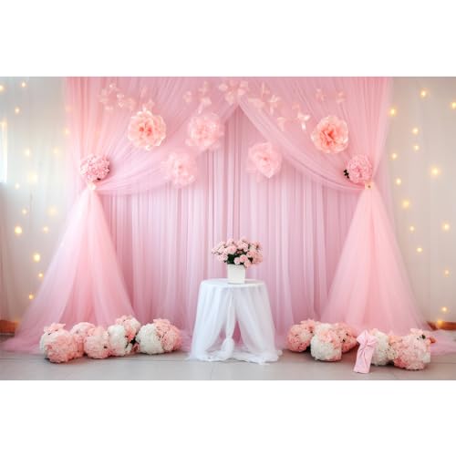 Mitivcati Wedding White Wall Backdrop Hanging Pink Tone Tulle Twinkle Lights Flowers Photography Background Aesthetic Wedding Party Backdrops Decorations Wedding Theme Photo Booth Shoot Props 7x5ft
