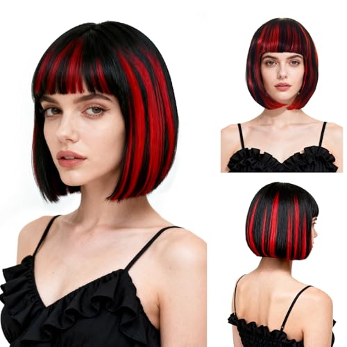 SAIIURV Vampire Wig Women Short Bob Wigs for Women Black and Red Wig Halloween Wigs Gothic Wicked Vampire Costume Accessories for Halloween Carnival Party Cosplay(Black Red)