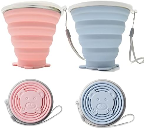 Silicone Collapsible Travel Cup,2 Pack Silicone Foldable Cup with Lid,BPA Free, Expandable Leak-Proof Drinking Cup, Portable Cup for Camping Hiking, Outdoors, Travel,11oz / 320ml, Blue & Pink