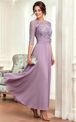 Tea Length Mother of The Bride Dresses Lace Applique Mother of The Groom Dresses Cheap Chiffon Evening Gown Scoop Neck A Line Prom Gown Half Sleeve Wedding Guest Dress 2026 Burgundy 8 — view 4