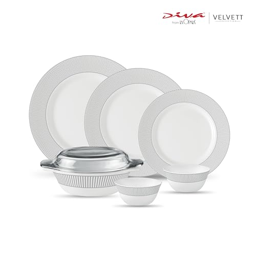 Image of La Opala Diva Velvett Collection Opal Glass Crockery | for Family of 6 | Dinner Set 35 pcs Imperial Grey | Plates & Bowls for Dining | Microwave Safe | 100% Vegetarian | Extra Strong | Light & White