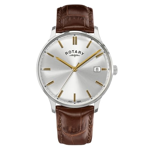 Imagen de Rotary Reloj de acero inoxidable 1895 con correa de piel marrón para hombre