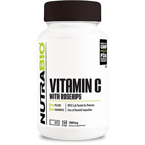 NutraBio Vitamin C with Rose Hips - Supports Healthy Bones, Teeth and Gums, Immune Function - No Fillers or Excipients - (150 Capsules, 1000mg of Vitamin C per Capsule)