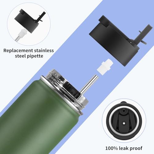 Image of koodee Water Bottle for School 26 oz Stainless Steel Vacuum Insulated Sports Water Bottle for Boys, Reusable Metal Water Bottle with Leak Proof Straw Lid (Grass Green)