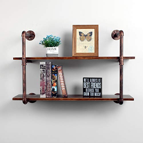 Weven 36 Industrial Pipe Bookshelf Wall Mounted,2 Tier Rustic Floating Shelves,Farmhouse Kitchen Bar Shelving,Home Decor Book Shelves,DIY Bookcase,Hanging Wall Shelves,Retro Red