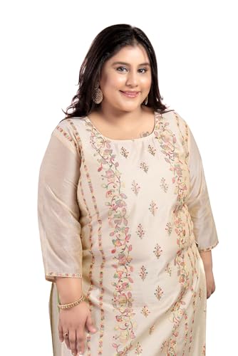 Image of DREAM & DZIRE Women's Chanderi Cotton Kurti | Floral Hand Embroidery | 3 /4 Sleeve | Round Neck | Calf Length Straight Kurta | Beige | S to 8XL Plus Size