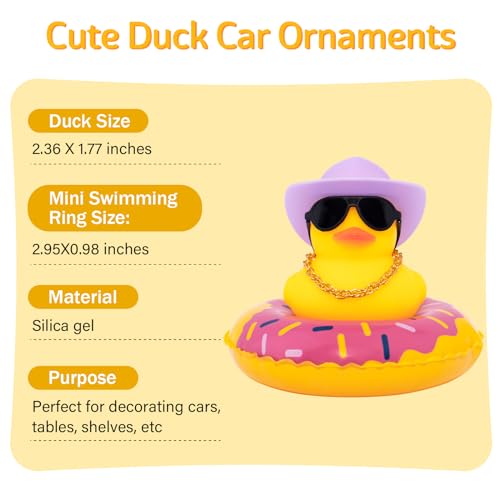 Image of wonuu Car Rubber Duck, Yellow Duck Decoration Dashboard with Sun Hat Swim Ring Necklace Sunglasses for Car Dashboard Decorations, Purple Cowboy Hat-Purple Donut