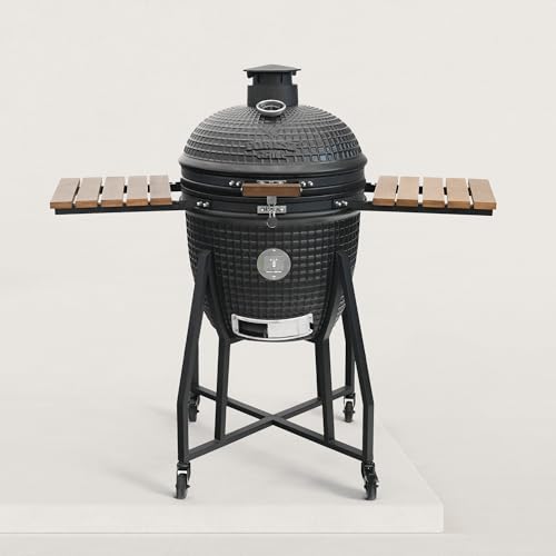 Forest-Grill KAMADO XL 22' 8-12 personas, Barbacoa japonesa Carbón de leña con carrito, bandejas, piedra para pizza incluida - tapa de cerámica
