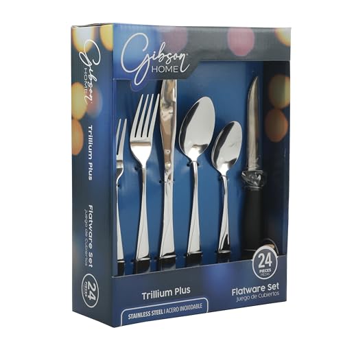 Image of Gibson Home Trillium Plus 24-Piece Stainless Steel Flatware Utensil Set with Steak Knives - Silverware Service for 4 with Teardrop Handle Design