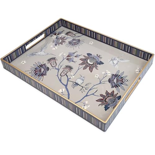 Omuriko Rectangle Plastic Serving Tray with Handles, Elegant Decorative Tray for Coffee Table, Ottoman, Living Room, Kitchen, Outdoor Use. 12"*16"*1.6" A