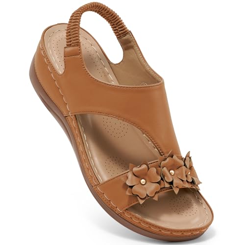 Reimferce Dressy Wedge Sandals for Women: Brown 9 Comfortable Casual Walking Wedges for Party Vacation Birthday Wedding Indoor for Home House Office