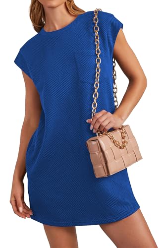 Poetsky Women's 2025 Summer Textured Cap Sleeve Crewneck Mini Dresses Casual Cute Basic Short T Shirt Dress Blue M
