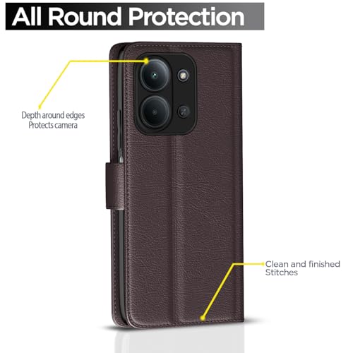 Image of Pikkme Flip Cover for Redmi 15C 5G Leather Finish | Inside TPU with Card Pockets | Wallet Stand and Shock Proof | Complete Protection Flip Case (Coffee)