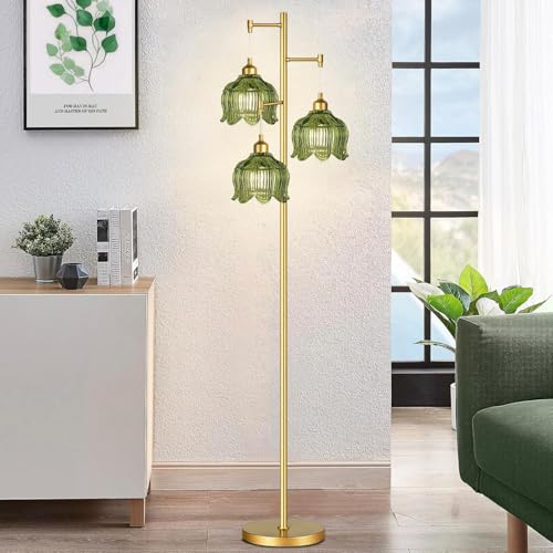 Image of QIYIZM Gold Floor Lamp for Living Room,Bedroom,Mid Century Modern Standing Lamp Brass Tree 3 Light Tall Floor Lamps Vintage Retro Floor Lights Glass Green Flower Lamp Shade Farmhouse Boho Bohemian