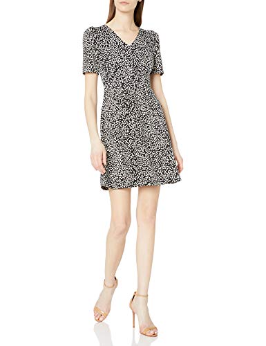 Amazon Brand - Lark & Ro Women s Florence Gathered Detail Half Sleeve V-Neck Dress, Black Ivory Polka Dot, 4