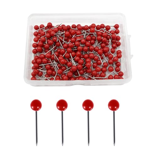 Werownsgso 300 aghi rotondi, 4 mm, per bacheca, con scatola di plastica, spille rotonde, per mappe, foto, piastra in sughero, marcatura in tessuto, fai da te (rosso)
