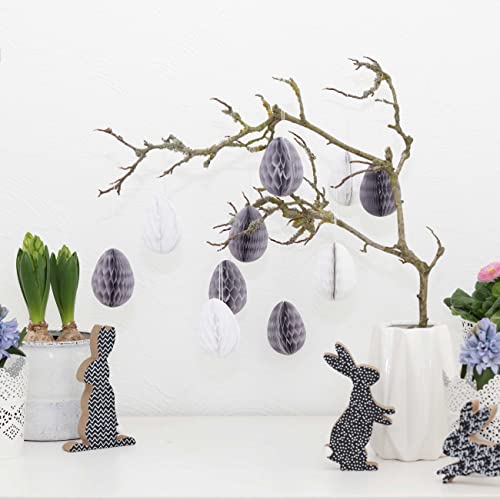 12 Ostereier aus Seidenpapier zum Aufhängen und Dekorieren - Größe 7 cm inkl Band - ideale Osterdekoration für Sträucher und Äste - wiederverwendbar - Grau-Weiß - Set 3