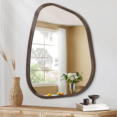 HLFMVWE Miroir mural en bois brun irrégulier avec cadre - Miroir ovale moderne asymétrique unique pour décoration de salle de bain, vanité, chambre à...