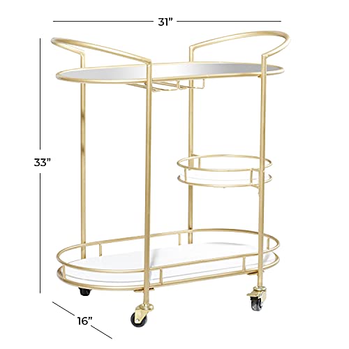 Deco 79 Metal Rolling 1 Glass And 2 Marble Shelves Bar Cart With Lockable Wheels And Mirrored Top, 31" X 16" X 33", Gold #TOP2