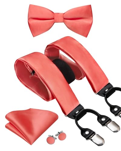 Image of Hi-Tie Men Suspender Bowtie Set Suspenders Pre-tied Bow Tie Pocket Square Cufflinks Adjustable Y Shape 6 Clips Braces Tuxedo