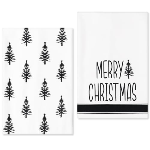 MSZWTDZX Christmas Kitchen Towels Set of 2, 18x26 Inch White Dish Towels with Black Xmas Tree, Perfect Black Christmas Decor and Gifts, Absorbent Microfiber, Durable & Machine Washable