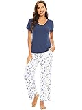 WiWi Viscose from Bamboo Pajama Sets for Women Printed Cooling Short Sleeve Top with Pants Super Soft Pjs with Pockets S-XXL, Indigo Blue, X-Large