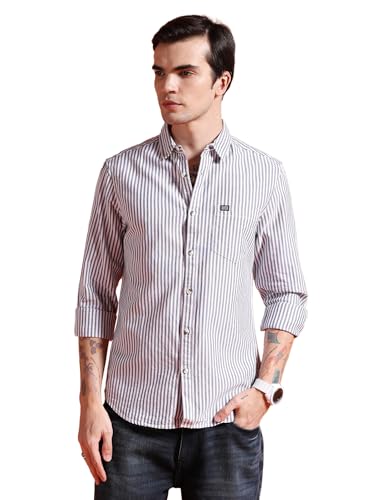 Image of The Indian Garage Co Men Slim Fit Striped Full Sleeves Cutaway Collar Casual Shirt