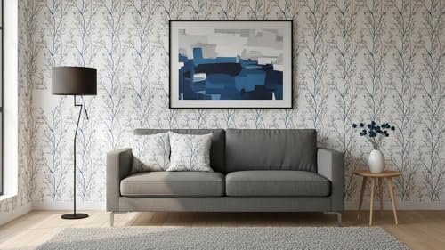 Image of VKR Modern Botanical Tree Branch Wallpaper - Elegant Blue & Grey Design for Living Room, Bedroom & Office Decor | 45x300 cm Self-Adhesive Peel & Stick PVC Wall Sticker