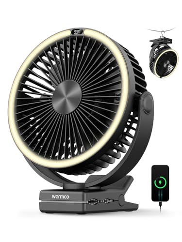 Warmco Ventilateur portable rechargeable à clip de 15000mAh, ventilateur de bureau alimenté par batterie de 20,3 cm, lanterne LED et crochet, rotation à...