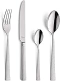 KEYFACTS: 6 x Gabel, 6 x Löffel, 6 x Messer, 6x Kaffee-Löffel. Geradlinige Form, Material: 18/10 Edelstahl. Das Essbesteck ist geeignet für die Spülmaschine.