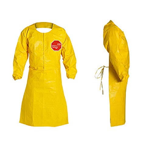 DuPont Tychem 2000 44-Inch Sleeved Apron with Elastic Cuffs, Neck Loop, Snaps, Waist Ties and Bound Seams, Yellow, Large, 25-Pack
