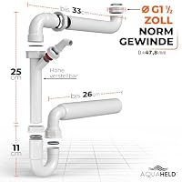 AquaHeld® Raumsparsiphon für Küchenspüle und Waschbecken [Made in Germany] – Siphon 1 1/2" x 50mm mit einem 1” Geräteanschluss– einstellbarer Möbelsiphon – Geruchsverschluss Küche, Bad & Waschtisch – – Ansicht 2