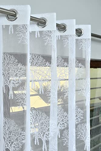 Image of Honger Polyester Semi-Sheer Tree Design Net Curtains for Living Room Use 4 x 9 Feet Long Door Size Pack of 2 Pecs White Colour