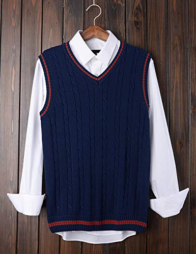 TopTie Men's V-Neck Cotton Twist Knit Sweater Vest Green and Red Trim2