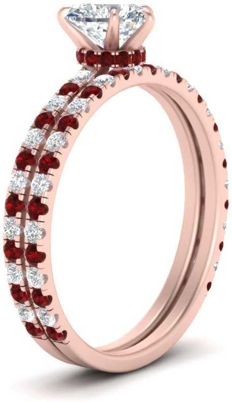 Choose Your Gemstone Three Quarter Diamond CZ Gallery Bridal Ring Set Rose Gold Plated Heart Shape Wedding Ring Sets Lightweight Office Wear Everyday Gift Jewelry US Size 4 to 12
